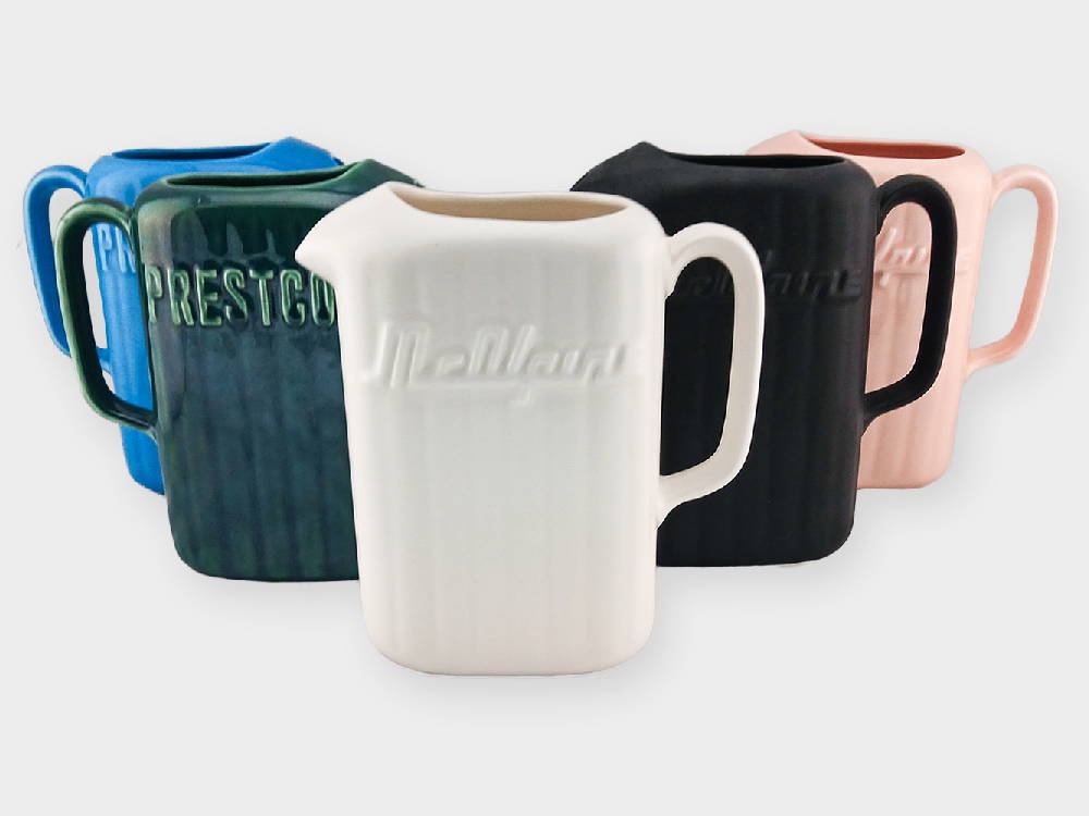 Crown Lynn McAlpine Prestcold Jugs in ivory, pink, blue and green. Made by Crown Lynn Kiwi